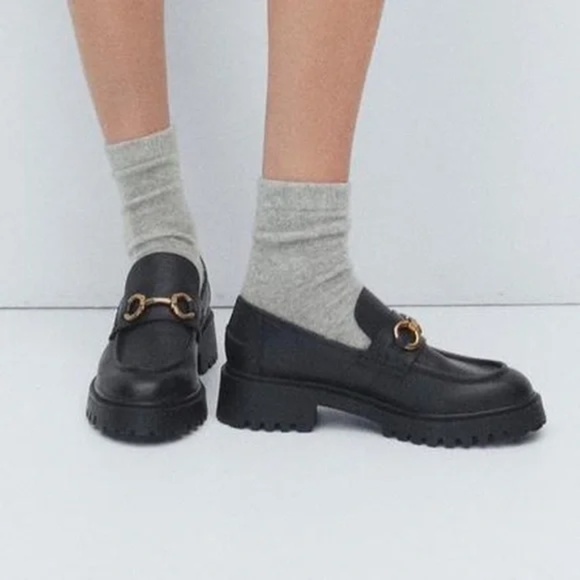 Mango Leather Chunky Lug Sole Loafers in Black - 8 - Picture 1 of 7